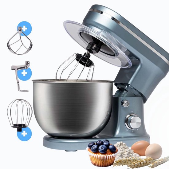 BluMill Keukenmachine - RVS - 6 Snelheden - Keukenmachine met kom - 5 Liter - met Accessoires - 1200W - Metallic Blauw(Metallic Blauw)