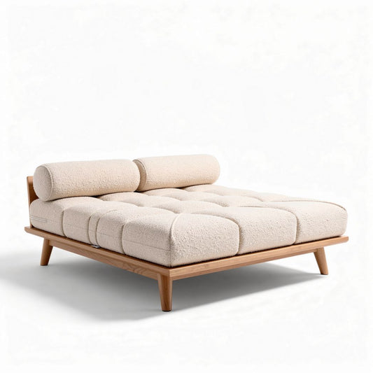 Slaapbank van stof en hout met kussens in beige 150 x 100 x 40cm