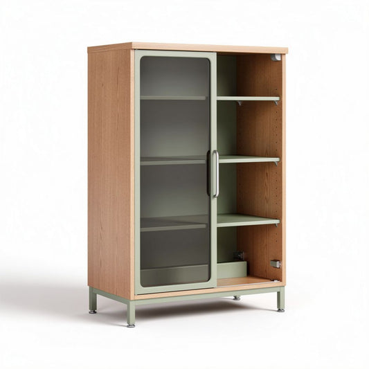 Houten kast met glazen deuren en vijf planken geel 80 x 40 x 150cm