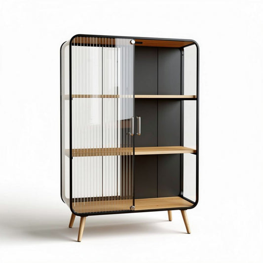 Glazen kast met houten planken en metalen frame 80 x 40 x 120cm
