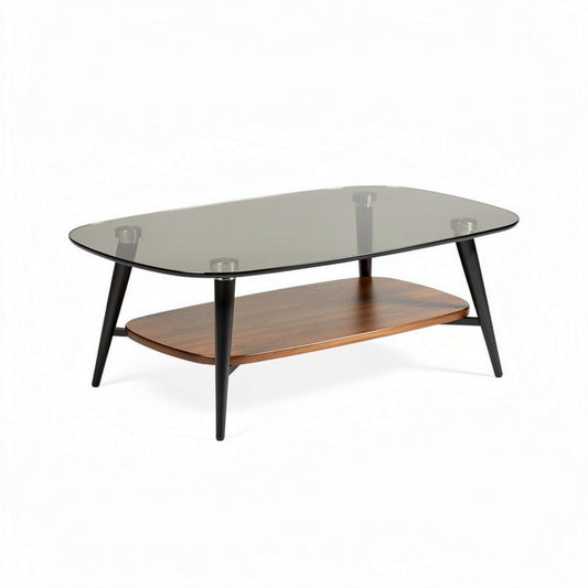 Glazen salontafel met houten onderstel 120 x 60 x 45cm zwart bruin