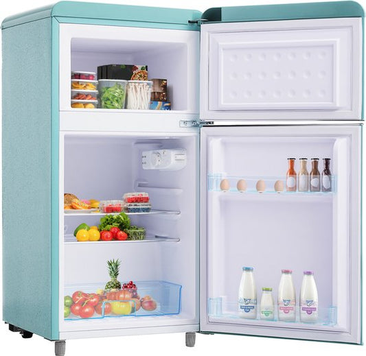 Merkloos / Sans marque Retro koelkast - Dubbeldeurs koelkast - Koel-vriescombinatie - Vrijstaand - 72L - 39dB - LED licht - Keuken - 91 cm - Koelen - Cyaan(Cyaan)