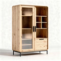 Houten kast met glazen deuren en lades 80 x 40 x 160cm naturel afwerking