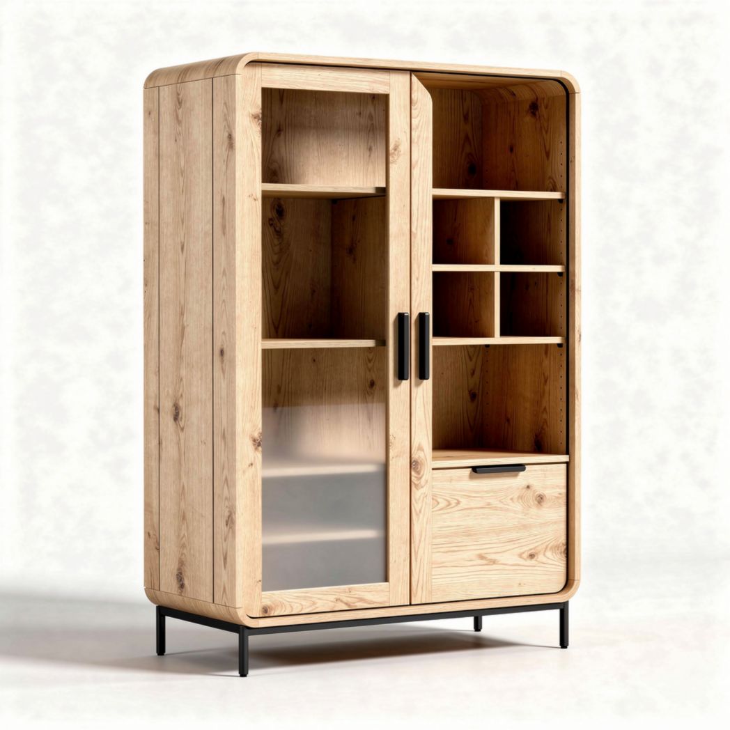 Houten kast met glazen deuren en lades 80 x 40 x 160cm naturel afwerking