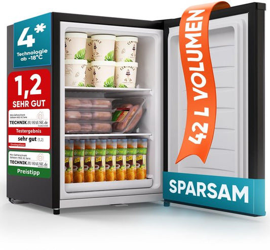 Stillstern Mini-vriezer klein  stil 42 l, mini-diepvrieskist -18 °C met ijsblokjesbakje  slot, deurscharnier rechts/links, 4-sterren diepvrieskast kleine diepvriezers [energieklasse E](Schwarz)