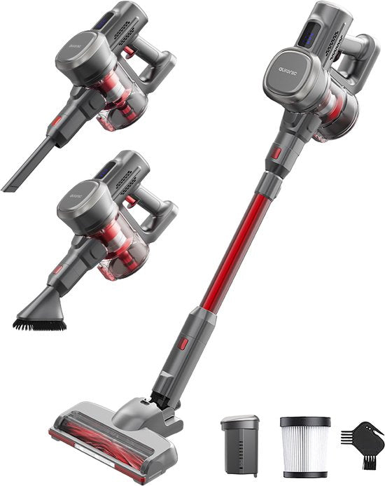 Auronic Steelstofzuiger Draadloos 220W - Draadloze Stofzuiger - HEPA Filter - Zelfstaand - Op Accu - Zonder Zak - Kruimeldief - Vacuum Cleaner - Grijs/Rood(1 accu/Rood， Grijs)