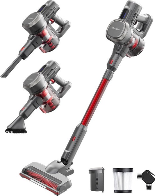 Auronic Steelstofzuiger Draadloos 220W - Draadloze Stofzuiger - HEPA Filter - Zelfstaand - Op Accu - Zonder Zak - Kruimeldief - Vacuum Cleaner - Grijs/Rood(1 accu/Rood， Grijs)