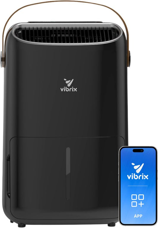 Vibrix DryFlow12 Pro Luchtontvochtiger  Luchtreiniger – 12L per dag – Bediening via App – Ionisator  UV-licht – Wasdroogfunctie – Stil  Energiezuinig – Voor Badkamer, Kelder, Zolder  Slaapkamer – Dehumidifier(12 l)