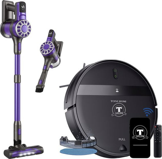 TONIHOMI® G20 + V07 - Combi deal Robotstofzuiger met dweilfunctie en steelstofzuiger - Automatisch opladen - Robotstofzuiger met app - Robotstofzuiger huisdieren - Dweilrobot - Zwart(G20 + V07)