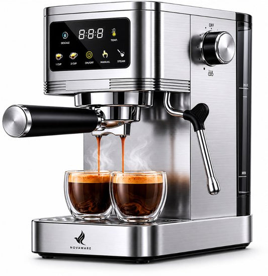 NovaWare® Espressomachine – 20 Bar - Pistonmachine met stoompijpje - Kopjesverwarmer - Coffee Machine - RVS