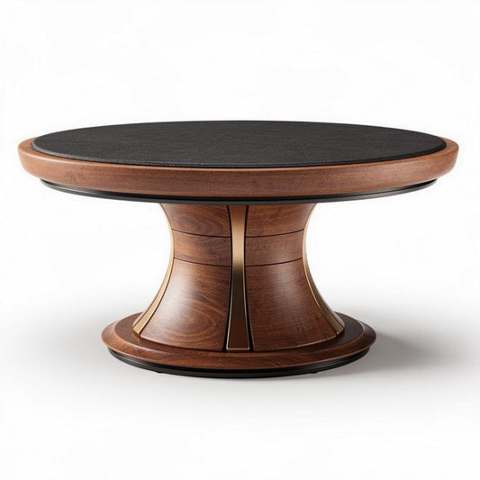 Ronde houten salontafel met zwart tafelblad en messing details 80 x 80 x 40cm