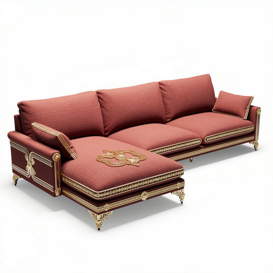 Luxe loungebank van stof in rood met gouden accenten 220 x 90 x 85cm