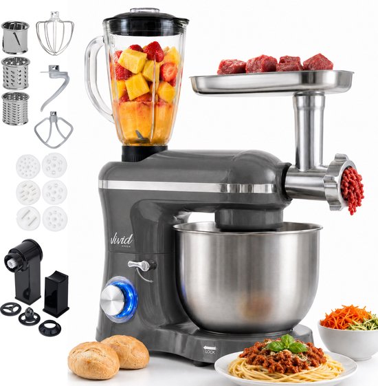 Vivid Green 2000W Keukenmixer - Vleesmolen, Blender  Pastamachine - Geschikt voor Zwaar Deeg - 6,2L Mengkom - Keukenmachine - Keukenrobot - Grijs(Grijs)