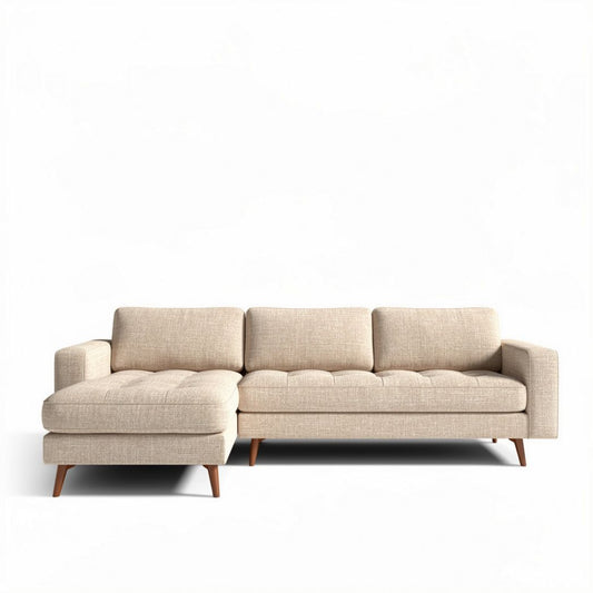 Beige stoffen hoekbank met houten poten 230 x 90 x 85 cm