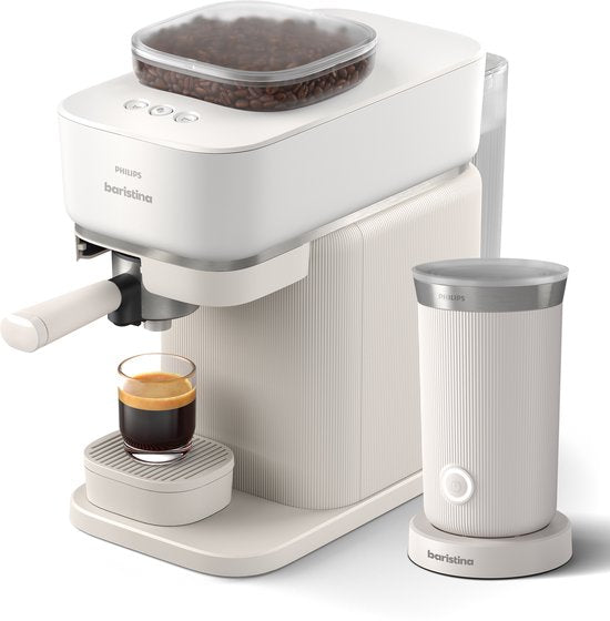 Philips Baristina + Melkopschuimer Bundel - BAR308/00 - Semi-Automatische Espressomachine - Pistonmachine - Koffiemachine met bonen - 2026 Editie - Wit(Wit/Losse melkopschuimer)