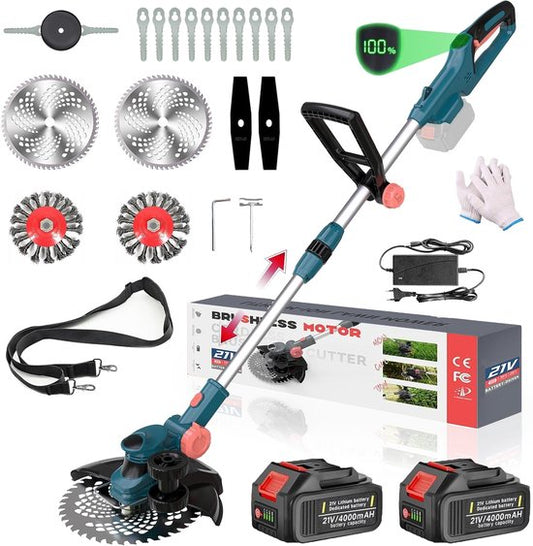 Traumheim Accu Grastrimmer - 750W Accu Grasmaaier met 2x 4.0Ah Accu's  Lader - Onkruidwieder  Voegenborstel - 90° Draaibare Kop - 23CM Snijbreedte - Elektrische Grastrimmer