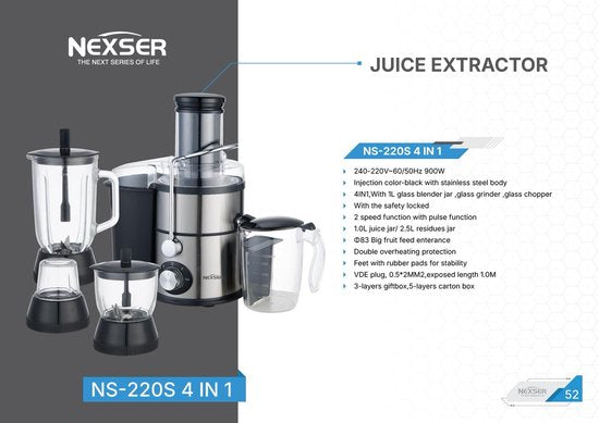 Nexser 4-in-1 Juicer Machine 900 W met RVS Blades en Brede Vulschacht – Elektrische Juicer voor Groenten en Fruit, 3,5 L(Citruspers)