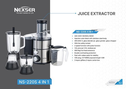 Nexser 4-in-1 Juicer Machine 900 W met RVS Blades en Brede Vulschacht – Elektrische Juicer voor Groenten en Fruit, 3,5 L(Citruspers)