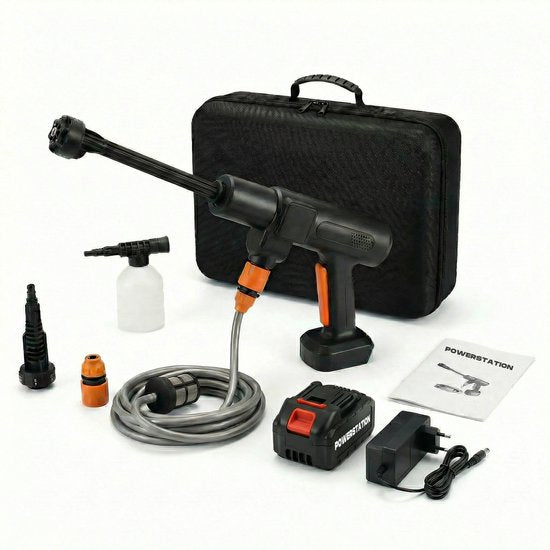 Powerstation Hogedrukreiniger Accu 70 Bar - Draadloze Hogedrukspuit voor Auto, Terras en Tuin - 90 Min Batterijduur - Incl. Verstelbaar Mondstuk, Aanzuigslang en Koffer