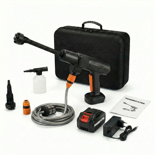 Powerstation Hogedrukreiniger Accu 70 Bar - Draadloze Hogedrukspuit voor Auto, Terras en Tuin - 90 Min Batterijduur - Incl. Verstelbaar Mondstuk, Aanzuigslang en Koffer