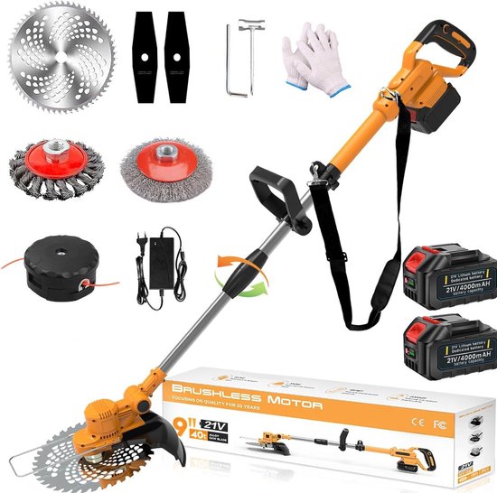 Traumheim Accu Grasmaaier - Elektrische Grastrimmer met 2x 4.0Ah Accu  Lader - Onkruidwieder voor Tuinonderhoud - Inclusief Onkruidborstel  Voegenborstel - 750W Accu Grasmaaier - Oranje