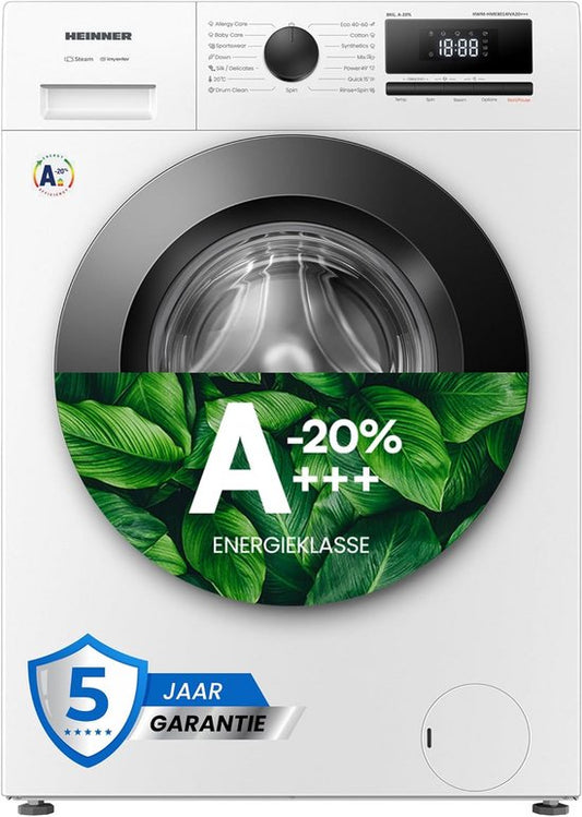 Heinner HWM-HME8014IVA20+++ Wasmachine - 8 kg - 1400 tpm - Energieklasse A-20% - Inverter Motor - Stoomfunctie met Allergy Steam  Baby Steam Care - 15 Programma's - Quick Wash 15 min - Wit - 5 Jaar Garantie