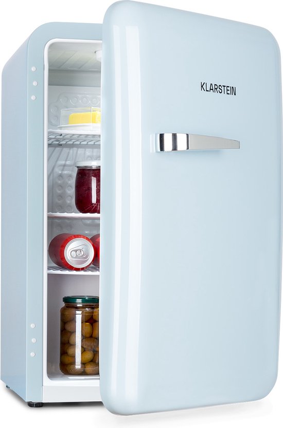Klarstein Koelkast Audrey Mini retro - volume: 70 Liter - Temperatuur: 0-10 °C - 4 Niveaus - 2 Deurvakken - 3 Schappen - Compressiekoeling - mechanische thermostaat - retro design - Jaren 50 look Blauw - voor Keuken voor Kantoor(Pastelblauw)