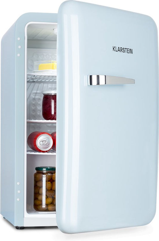 Klarstein Koelkast Audrey Mini retro - volume: 70 Liter - Temperatuur: 0-10 °C - 4 Niveaus - 2 Deurvakken - 3 Schappen - Compressiekoeling - mechanische thermostaat - retro design - Jaren 50 look Blauw - voor Keuken voor Kantoor(Pastelblauw)