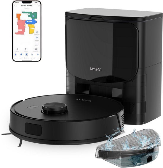 MYBOT X9 PRO - Robotstofzuiger Met Dweilfunctie - 6500PA Zuigkracht - Leegt Automatisch - Ideaal voor Huisdieren - Zelflerende Robotstofzuiger - Met Laadstation - Uitgebreide Mapping - LDS Laser Navigatie - Met leegstation(X9 PRO)